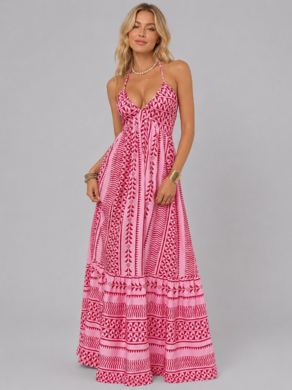 Women's Pink Boho Halter Maxi Dress Backless Summer Vacation Resort Sundress